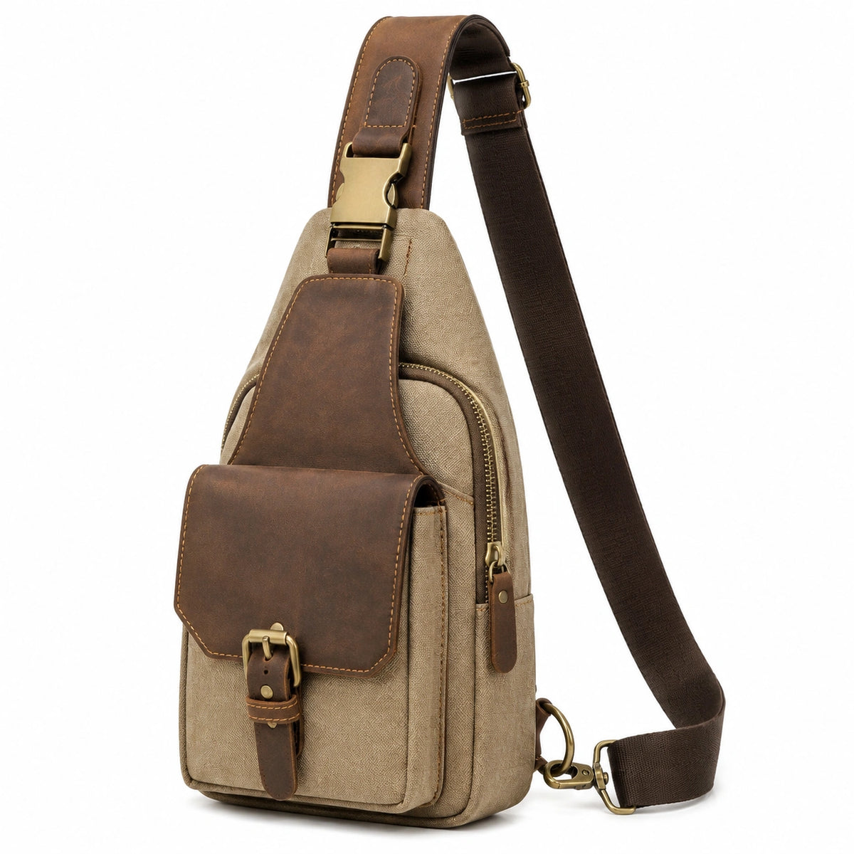 Borsa a tracolla monospalla 17 x 8 x 30 cm in tela beige e similpelle marrone con tasche