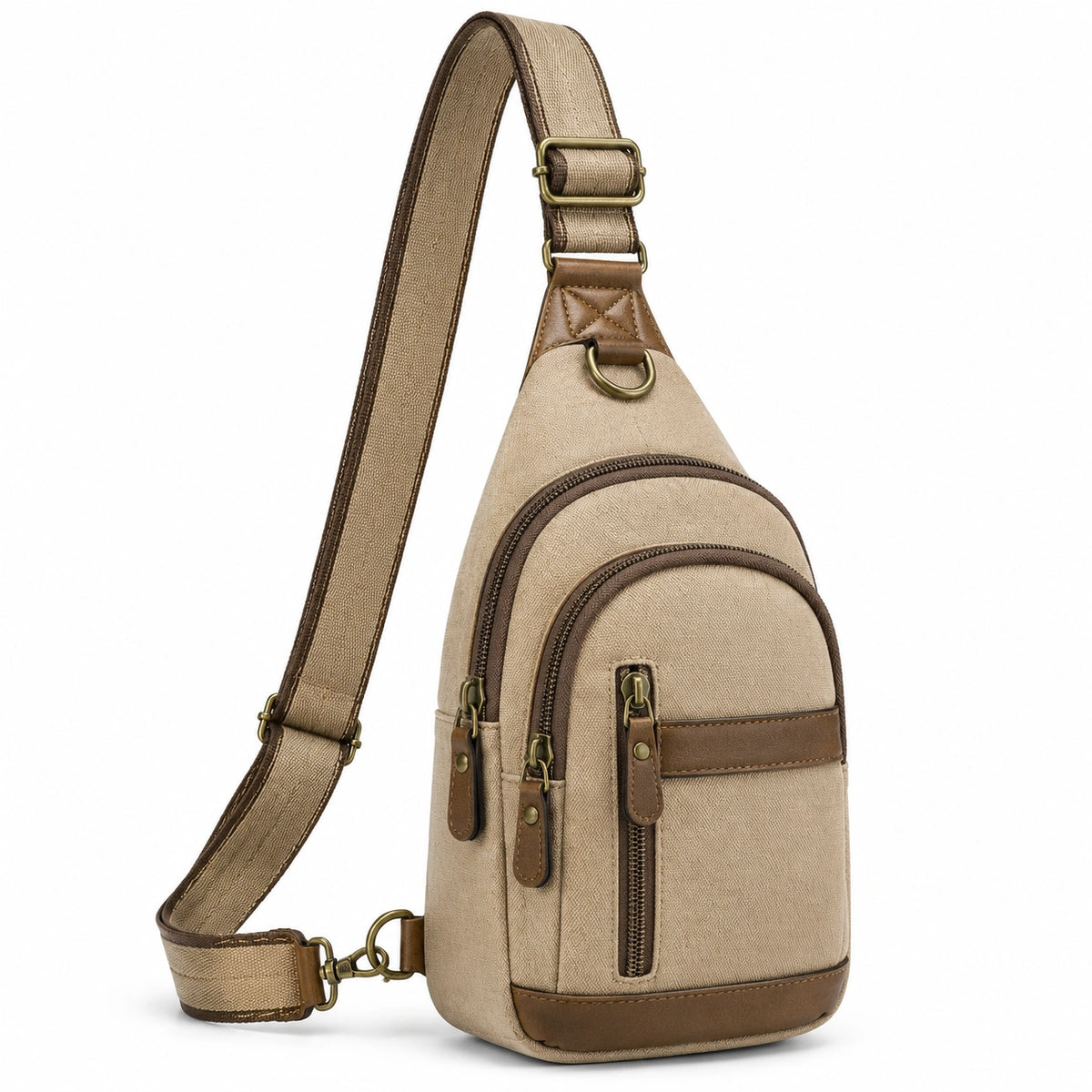 Borsa a tracolla 18 x 8 x 32 cm in tela beige con finiture marroni stile casual