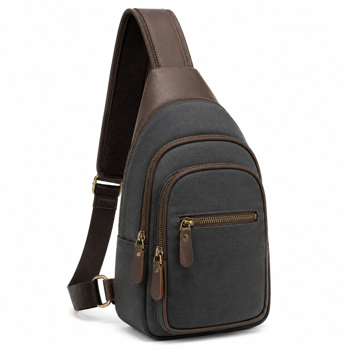 Borsa a tracolla 18 x 8 x 32 cm in similpelle grigio scuro e marrone con tasche e cerniere