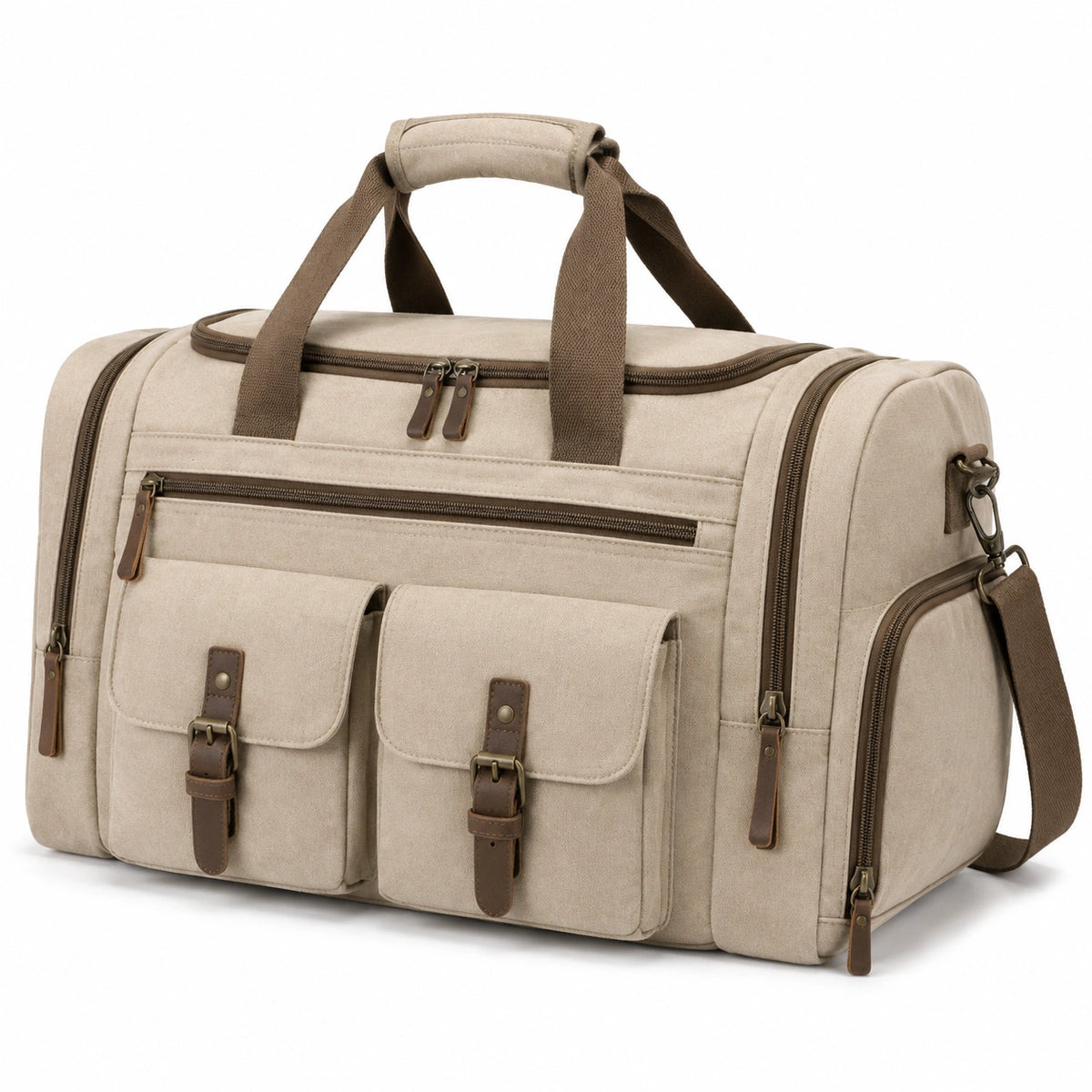 Borsone da viaggio 55 x 28 x 30 cm in tela beige con tasche stile vintage