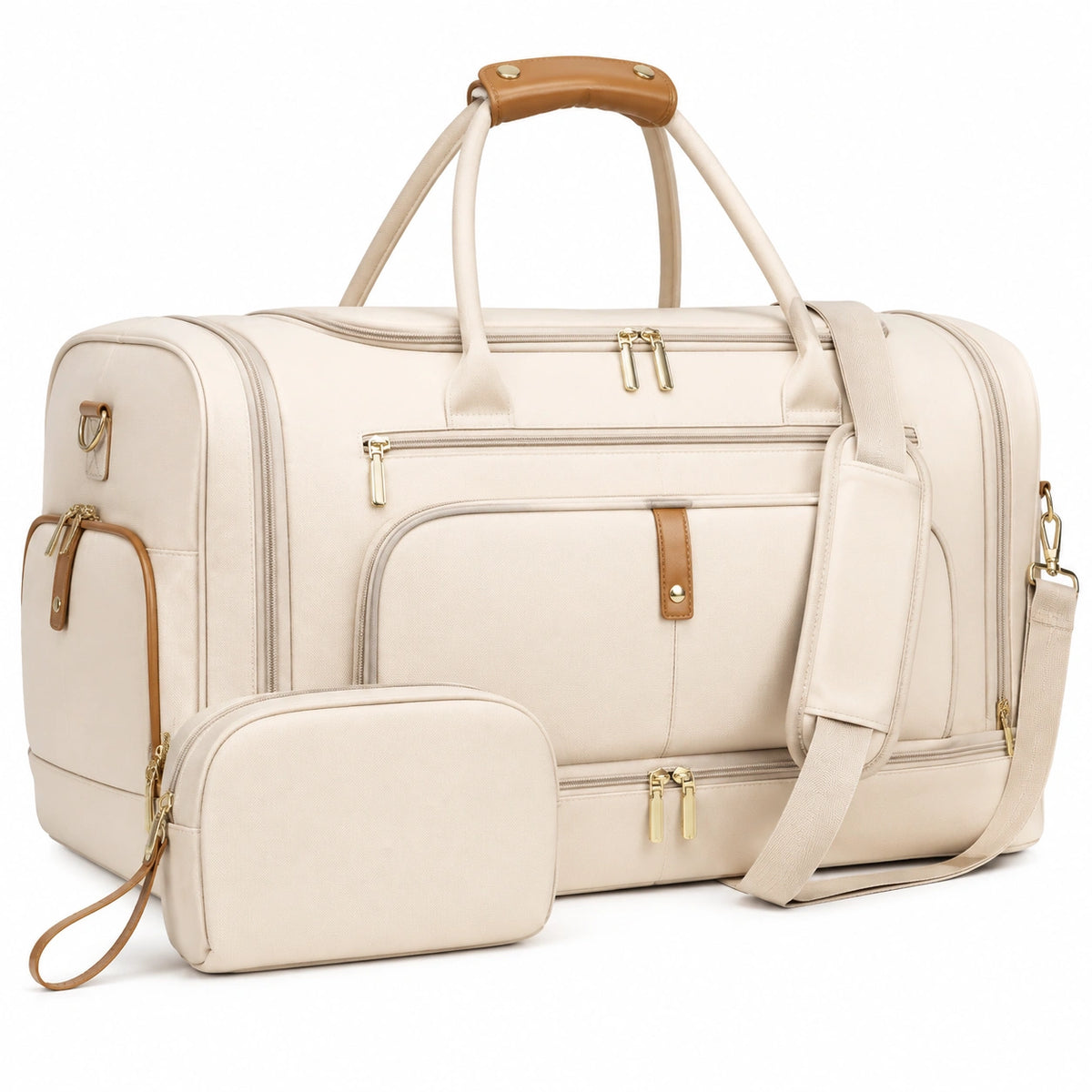 Borsone da viaggio 55 x 28 x 30 cm in tessuto beige con finiture marroni e tracolla regolabile
