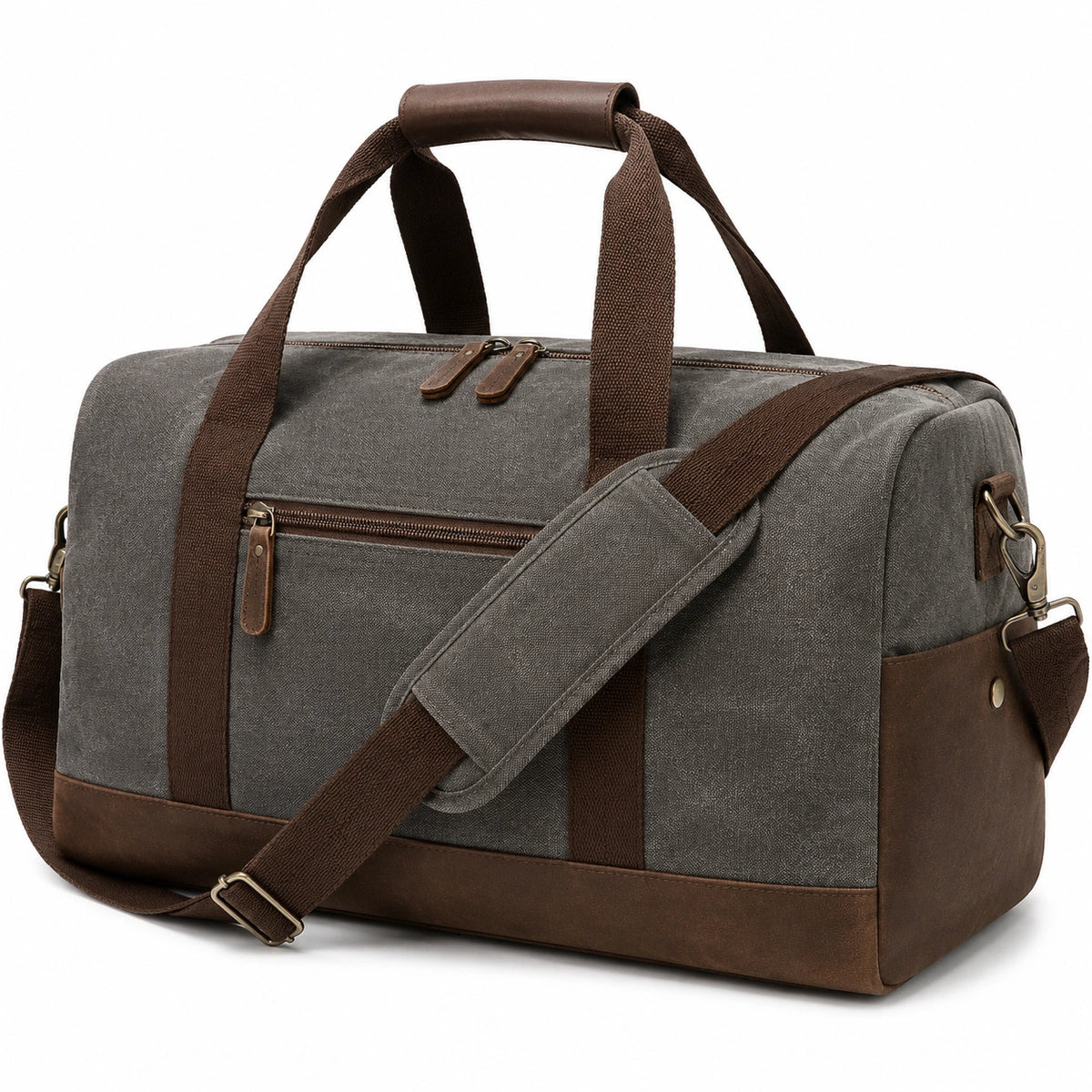 Borsone da viaggio 50 x 25 x 30 cm in tessuto grigio con finiture marroni e tracolla regolabile