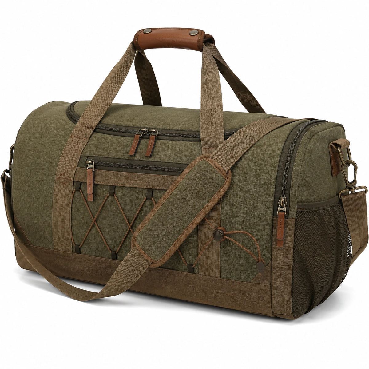 Borsone da viaggio 50 cm in tessuto verde oliva con tracolla e tasche