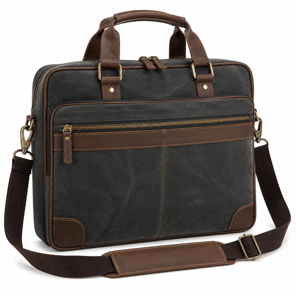 Borsa porta computer 40 cm in tela grigio scuro e similpelle marrone - tracolla regolabile