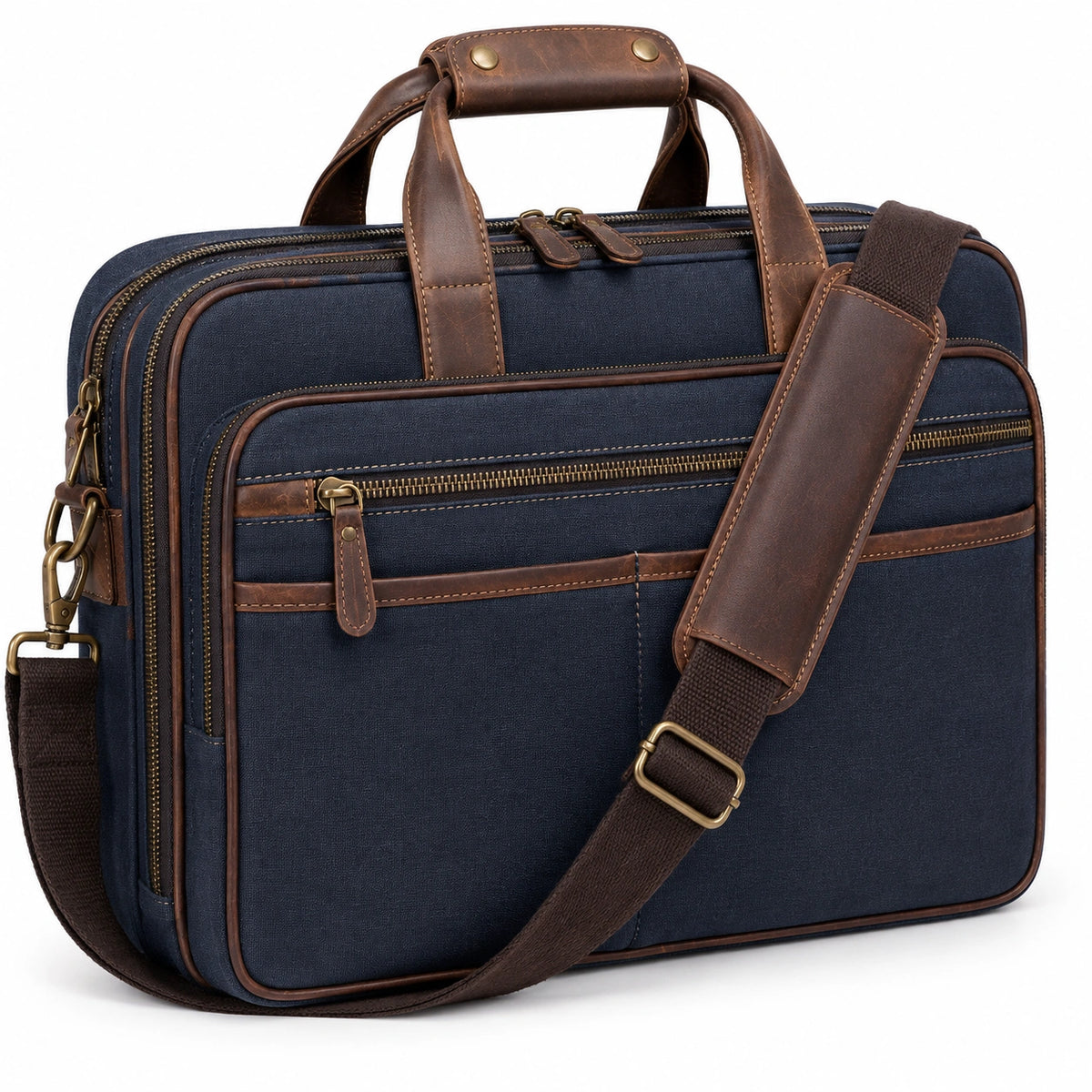 Borsa portadocumenti 40 x 9 x 30 cm in tessuto blu navy e similpelle marrone con tracolla