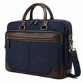 Borsa portadocumenti 40 x 30 x 10 cm in tessuto blu e similpelle marrone con tracolla