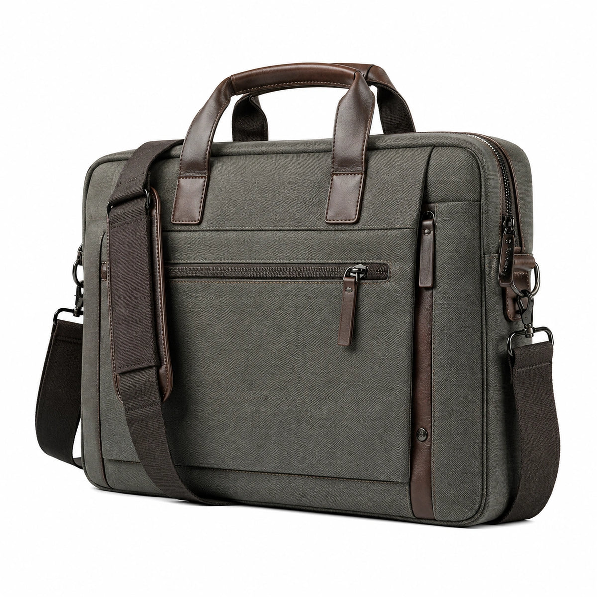 Borsa portadocumenti 42 x 30 x 10 cm in tessuto grigio scuro e similpelle marrone - tracolla removibile