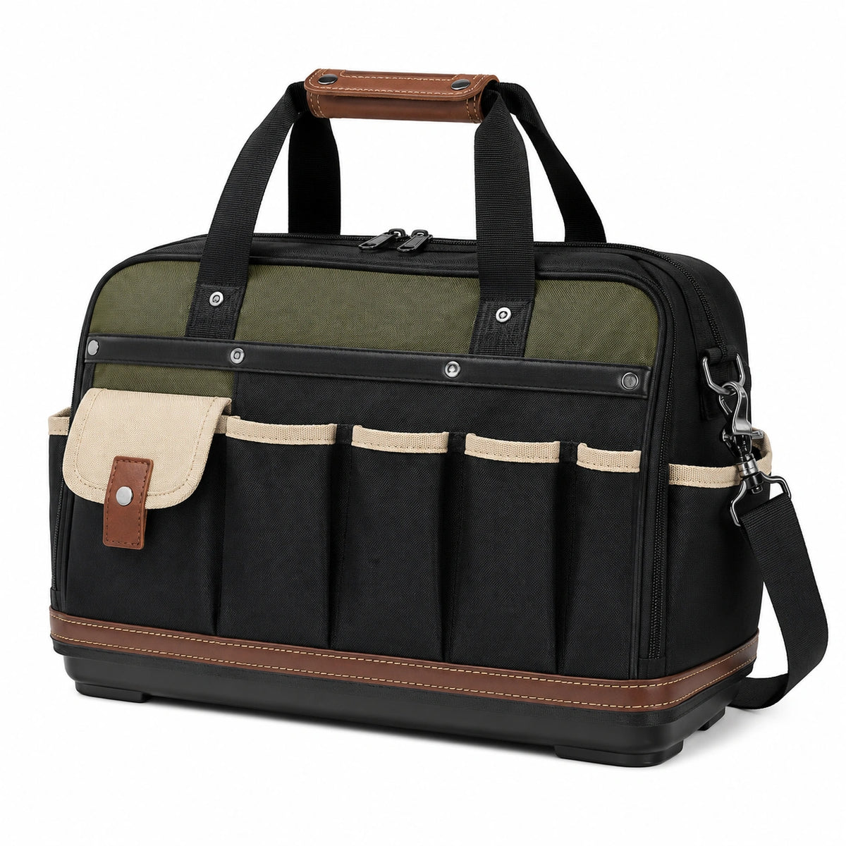 Borsa portautensili 43 x 22 x 32 cm in tessuto sintetico nero verde oliva con tasche esterne e tracolla