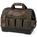 Borsa portautensili 40 x 20 x 30 cm in tela verde oliva e similpelle marrone con tasche esterne