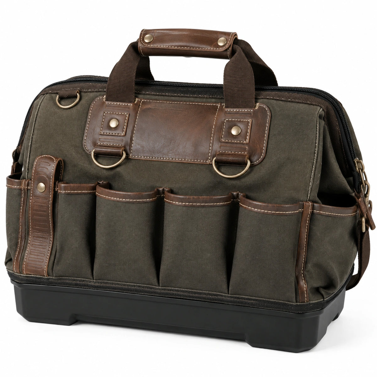 Borsa portautensili 40 x 20 x 30 cm in tela verde oliva e similpelle marrone con tasche esterne