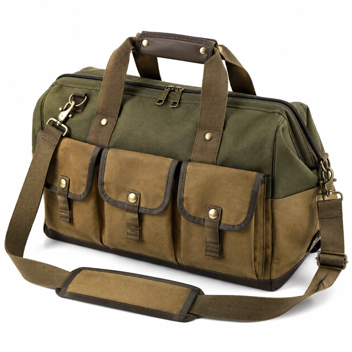 Borsa da viaggio 50 x 25 x 30 cm in tela verde kaki e marrone con tracolla regolabile