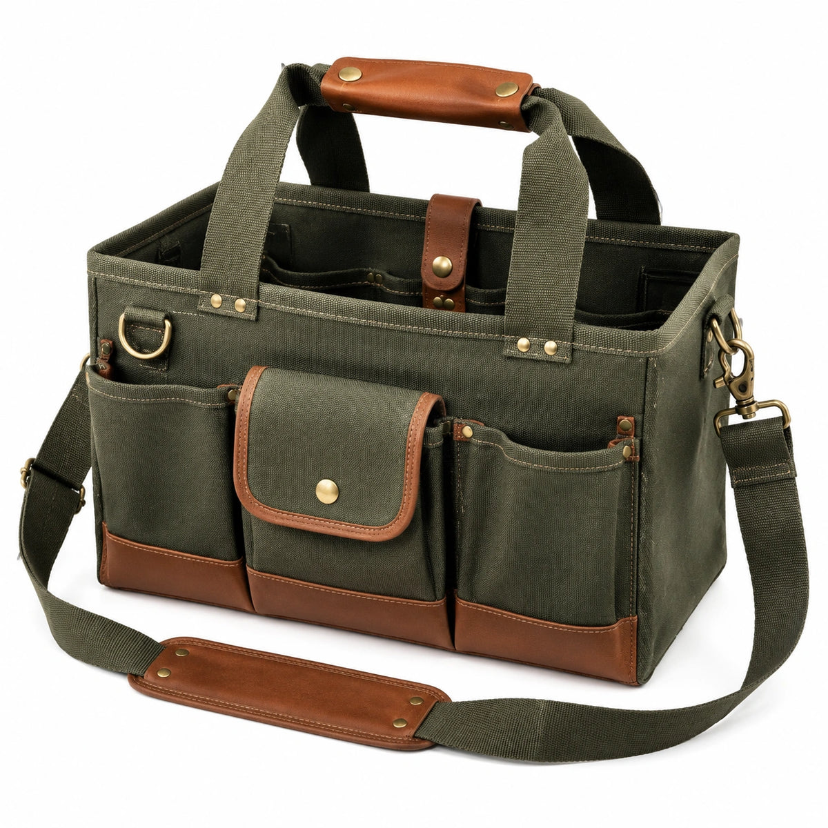 Borsa portautensili 40 x 20 x 30 cm in tela verde con finiture in similpelle - tracolla regolabile e tasche esterne