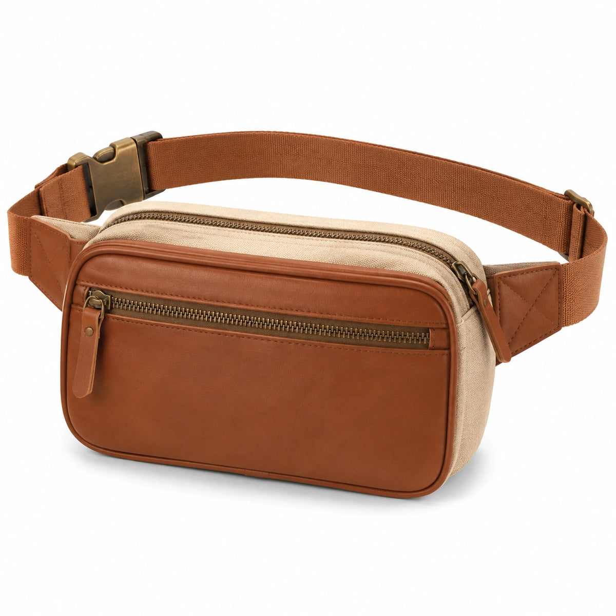 Marsupio 23 x 6 x 14 cm in similpelle e tessuto marrone beige con cintura regolabile