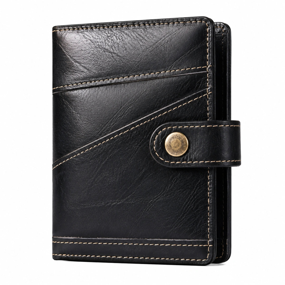 Portafoglio compatto 12 x 10 x 2 cm in similpelle nero con chiusura a bottone