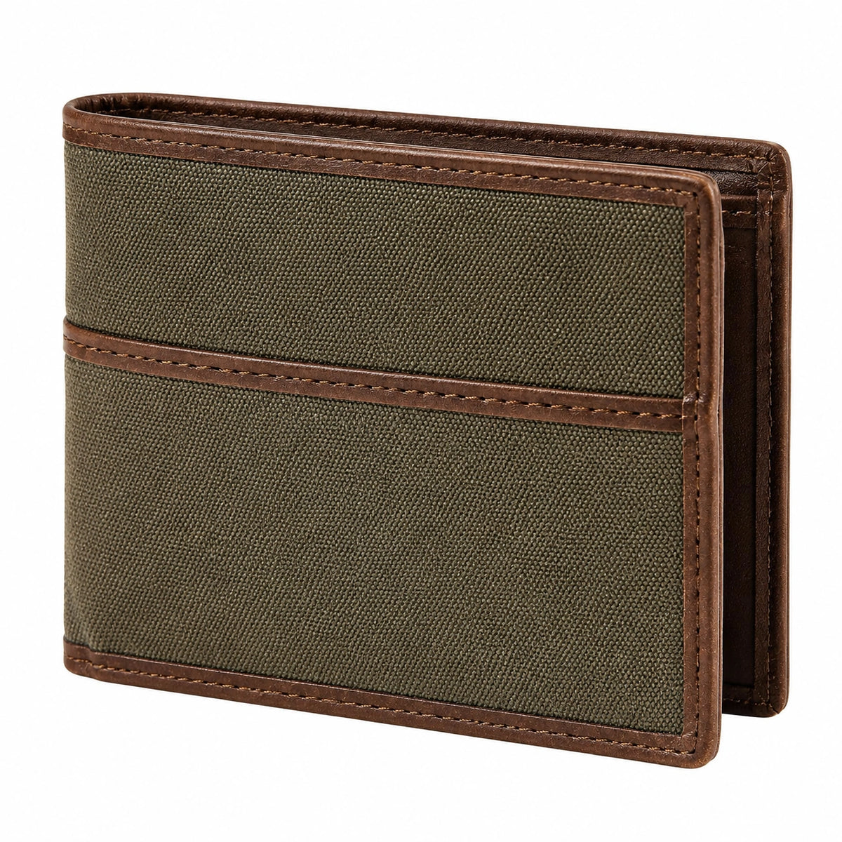 Portafoglio da uomo 12 x 9.5 cm in tessuto verde oliva e bordatura marrone - pieghevole con tasca esterna