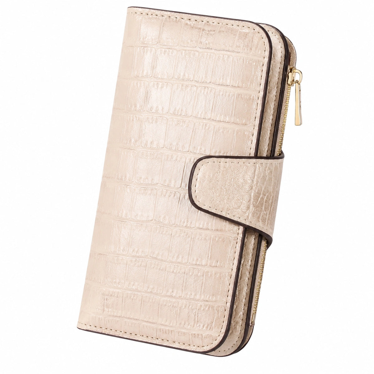 Portafoglio donna 19 x 10 x 3 cm in materiale sintetico beige effetto coccodrillo con zip