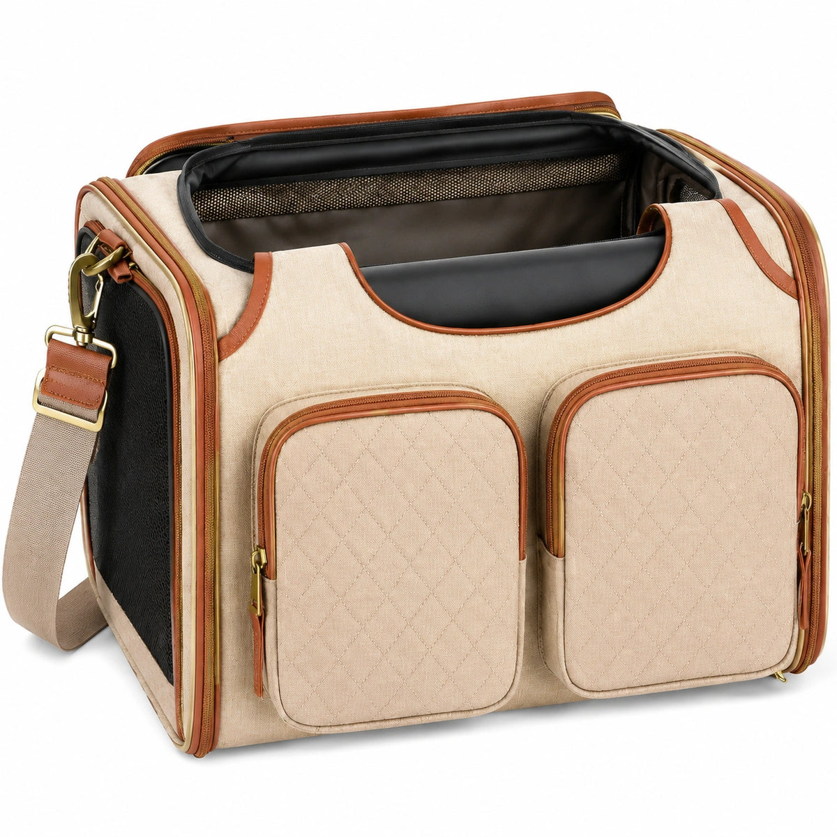 Borsa trasportino per animali 43 x 28 x 30 cm in tessuto beige e marrone con tracolla e tasche