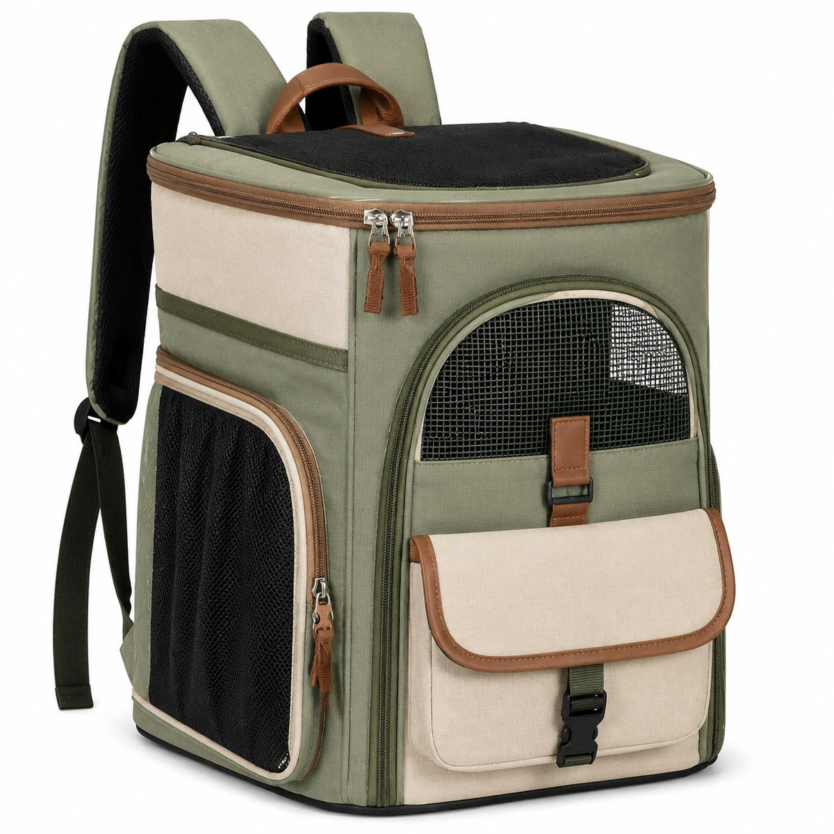 Zaino trasportino per animali 35 x 25 x 42 cm in tessuto verde beige con rete traspirante - da viaggio