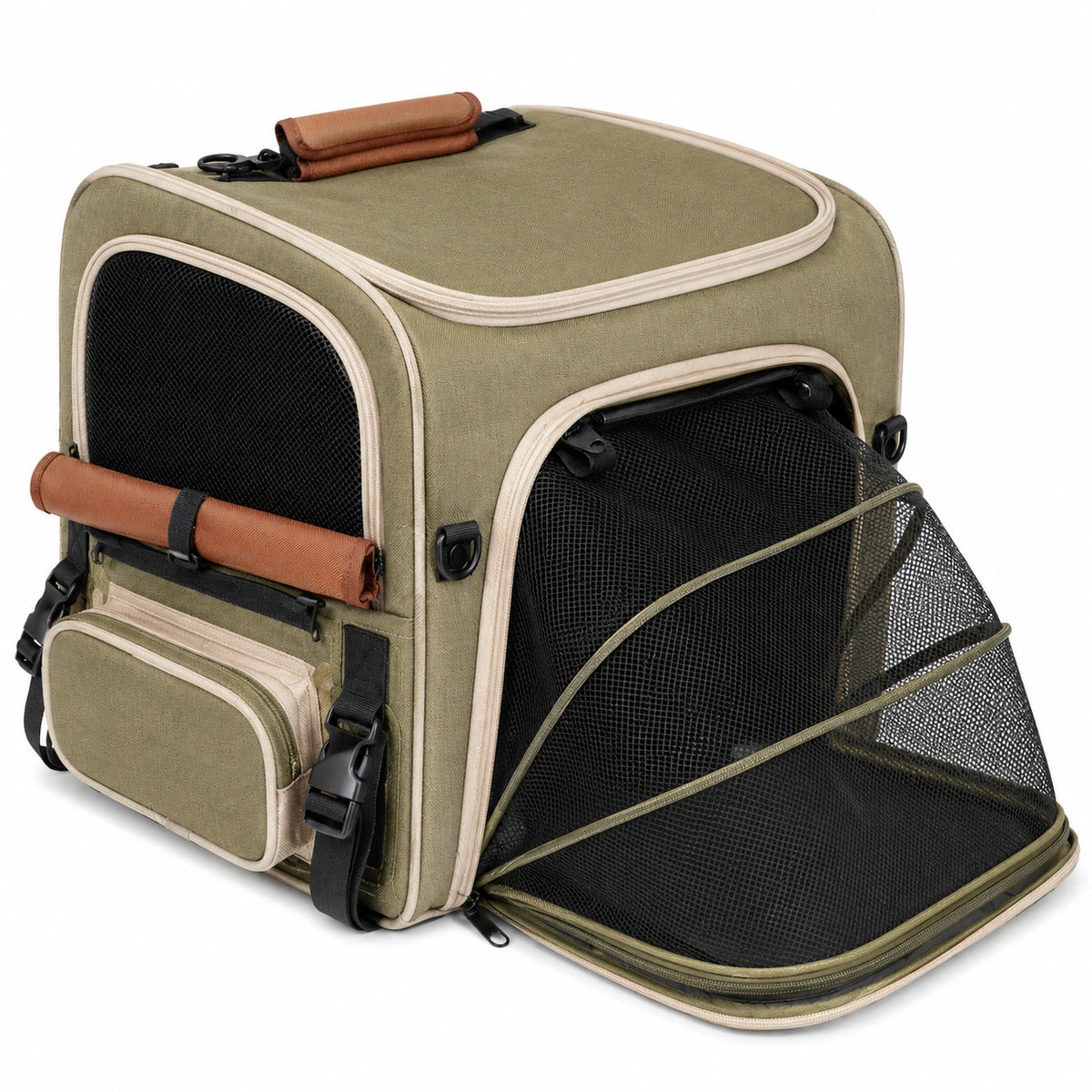 Borsa trasportino per animali 42 x 30 x 30 cm in tessuto sintetico verde kaki con rete espandibile