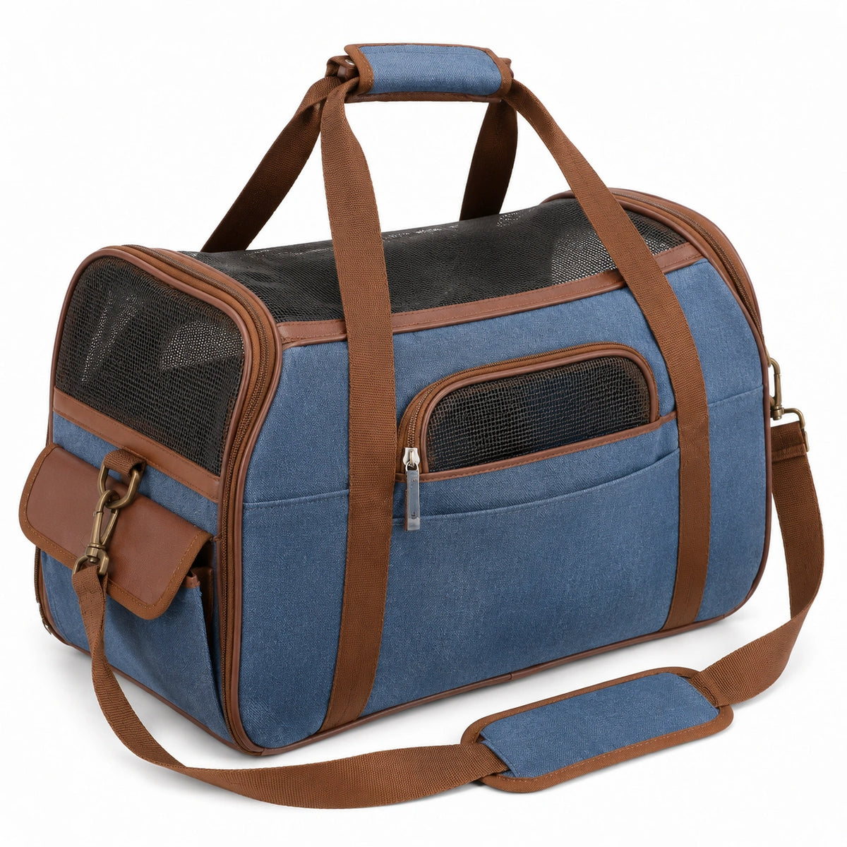 Borsa trasportino per animali 45 x 28 x 30 cm in tessuto blu con rete - ventilata a tracolla