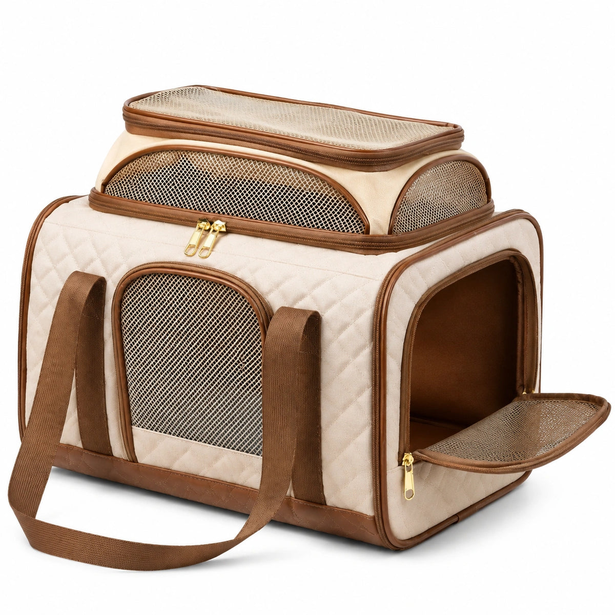 Trasportino per animali 45 x 28 x 30 cm in tessuto beige e marrone con rete ventilata