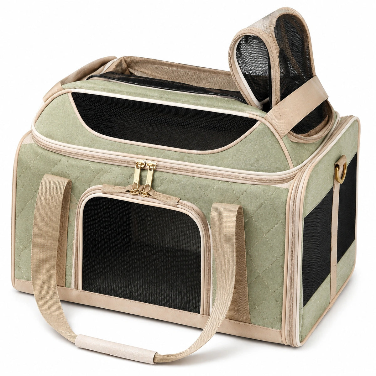 Trasportino per animali 45 x 30 x 30 cm in tessuto verde salvia con rete pieghevole