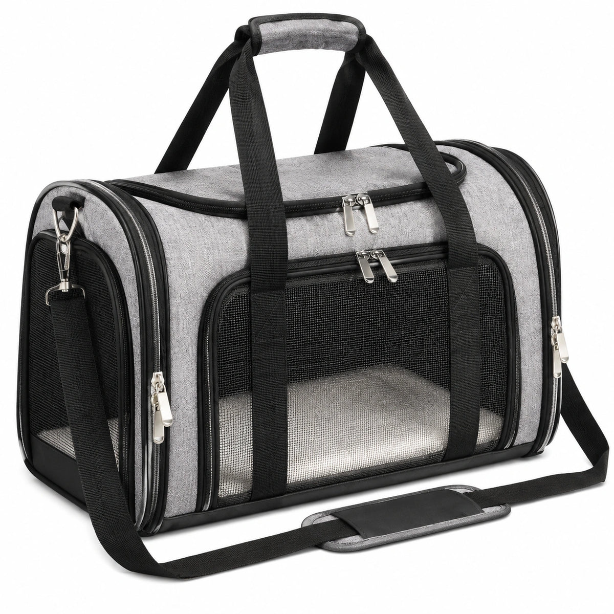 Borsa trasportino per animali 45 x 28 x 28 cm in tessuto grigio e rete nera con tracolla