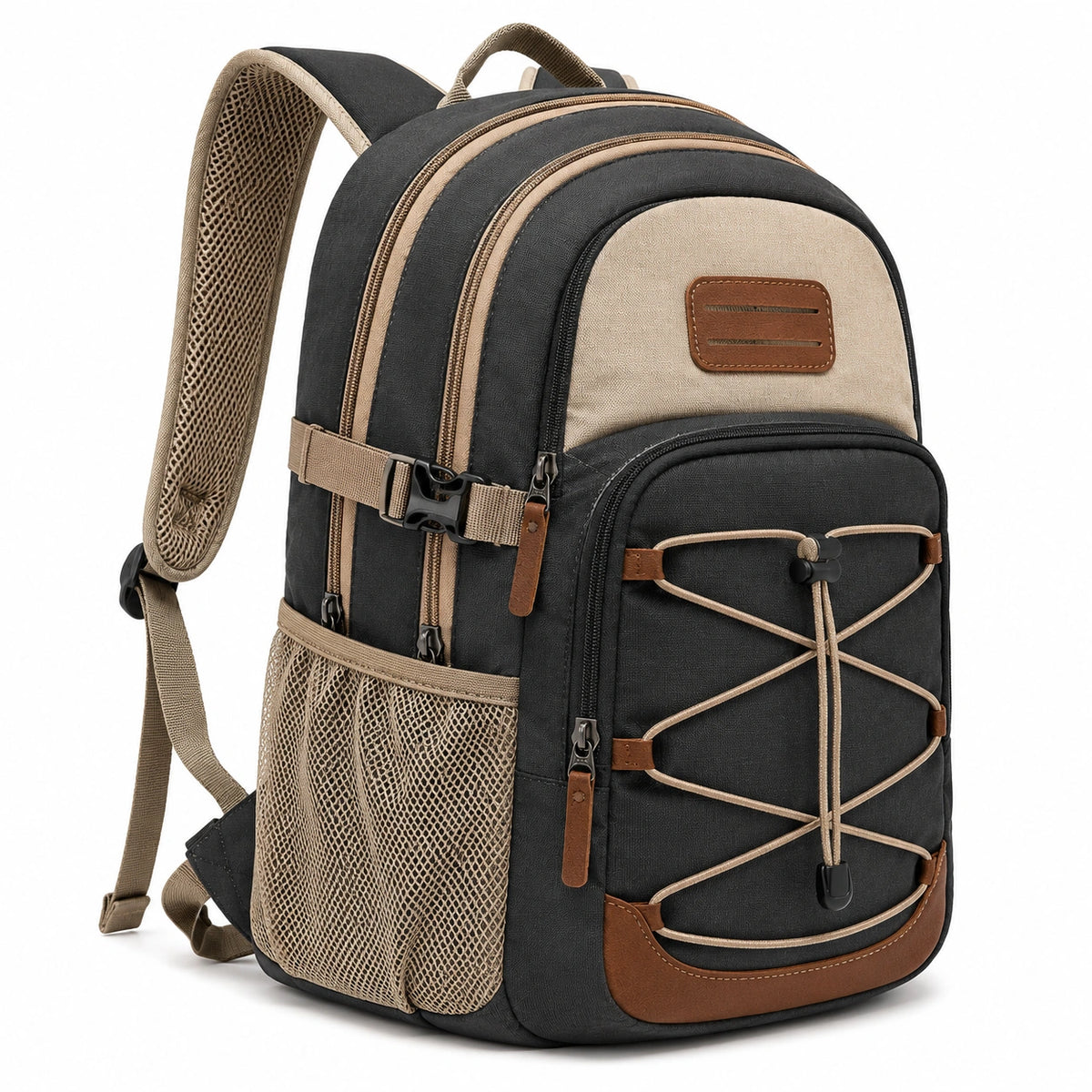 Zaino 32 x 18 x 45 cm in tessuto nero e beige con tasche multiple per uso quotidiano