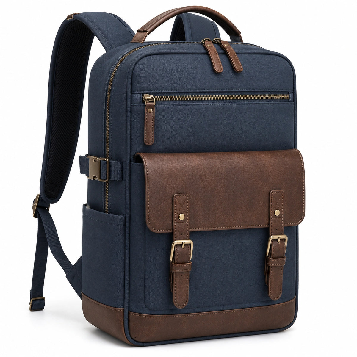 Zaino 30 x 15 x 42 cm in tessuto blu navy e similpelle marrone con tasche e spallacci regolabili