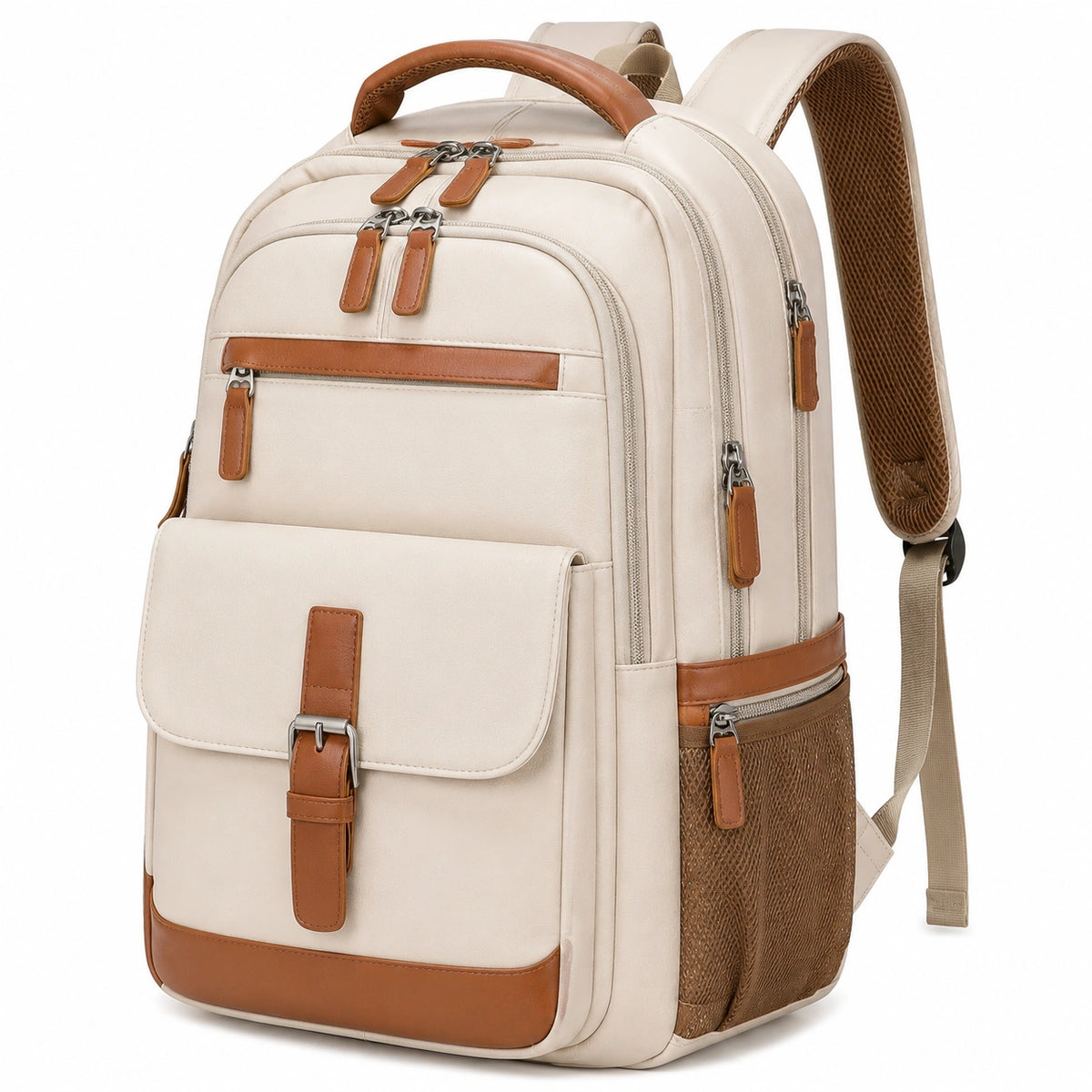 Zaino 30 x 18 x 43 cm in tessuto beige e marrone con tasche multiple per lavoro e studio